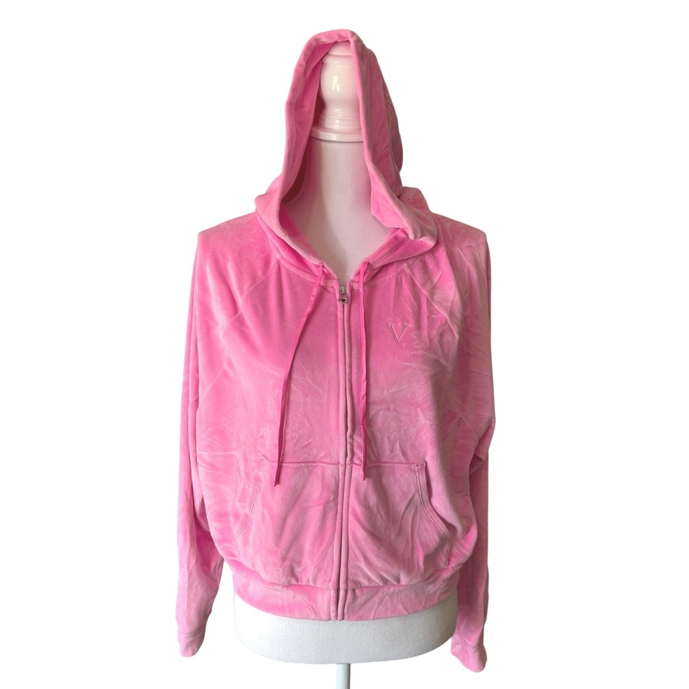 Victoria's Secret Velour Full Zip Up Hoodie‎ Jacket Pink V Logo Size Small Soft